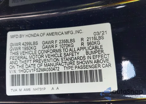 2021 Honda Accord Ex-L from USA, damaged, VIN 1HGCV1F52MA050472